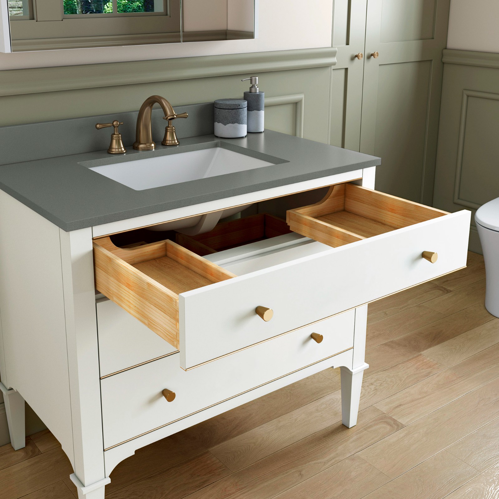 ᐅ【WOODBRIDGE Roma 37"x22"x38" Solid Wood Bath Vanity in White with Gold