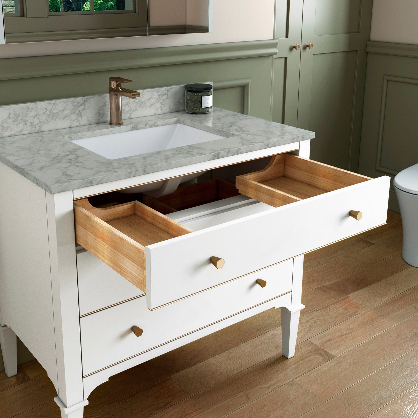 ᐅ【WOODBRIDGE Roma 43"x22"x38" Solid Wood Bath Vanity in White with Gold Hardware and Carrara