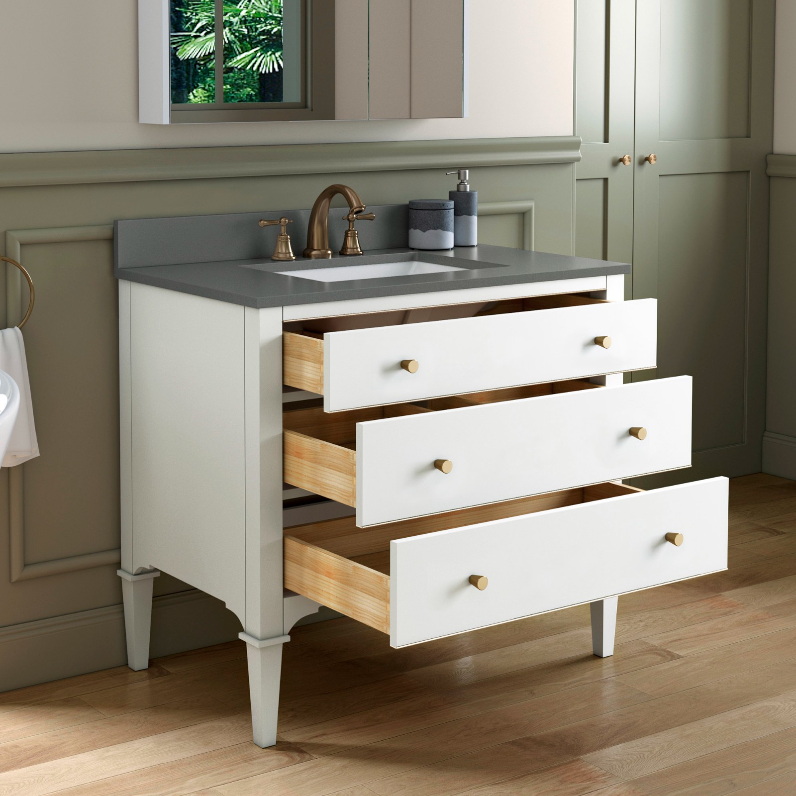 ᐅ【WOODBRIDGE Roma 43"x22"x38" Solid Wood Bath Vanity in White with Gold