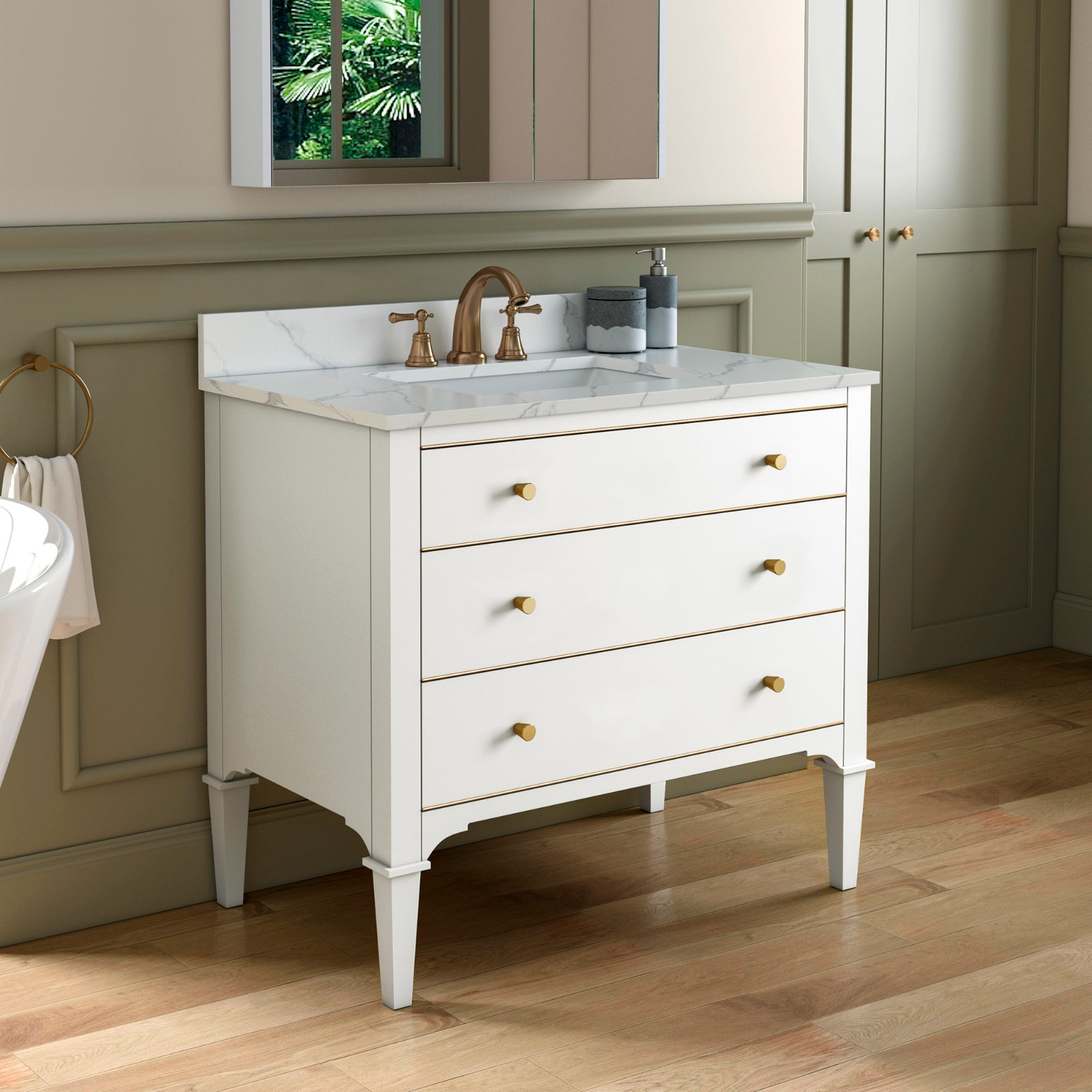 ᐅ【WOODBRIDGE Roma 43"x22"x38" Solid Wood Bath Vanity in White with Gold
