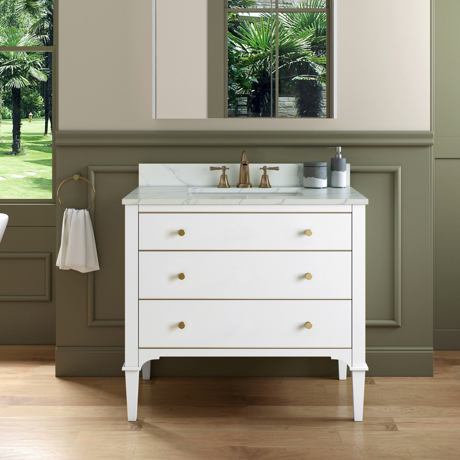 ᐅ【WOODBRIDGE Roma 43"x22"x38" Solid Wood Bath Vanity in White with Gold