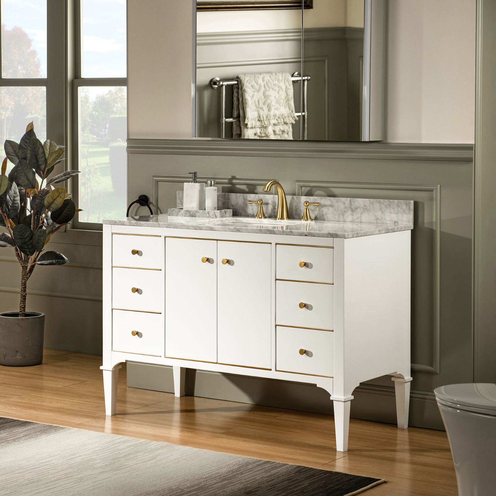 ᐅ【WOODBRIDGE Roma 49"x22"x38" Solid Wood Bath Vanity in White with Gold Hardware and Carrara ...