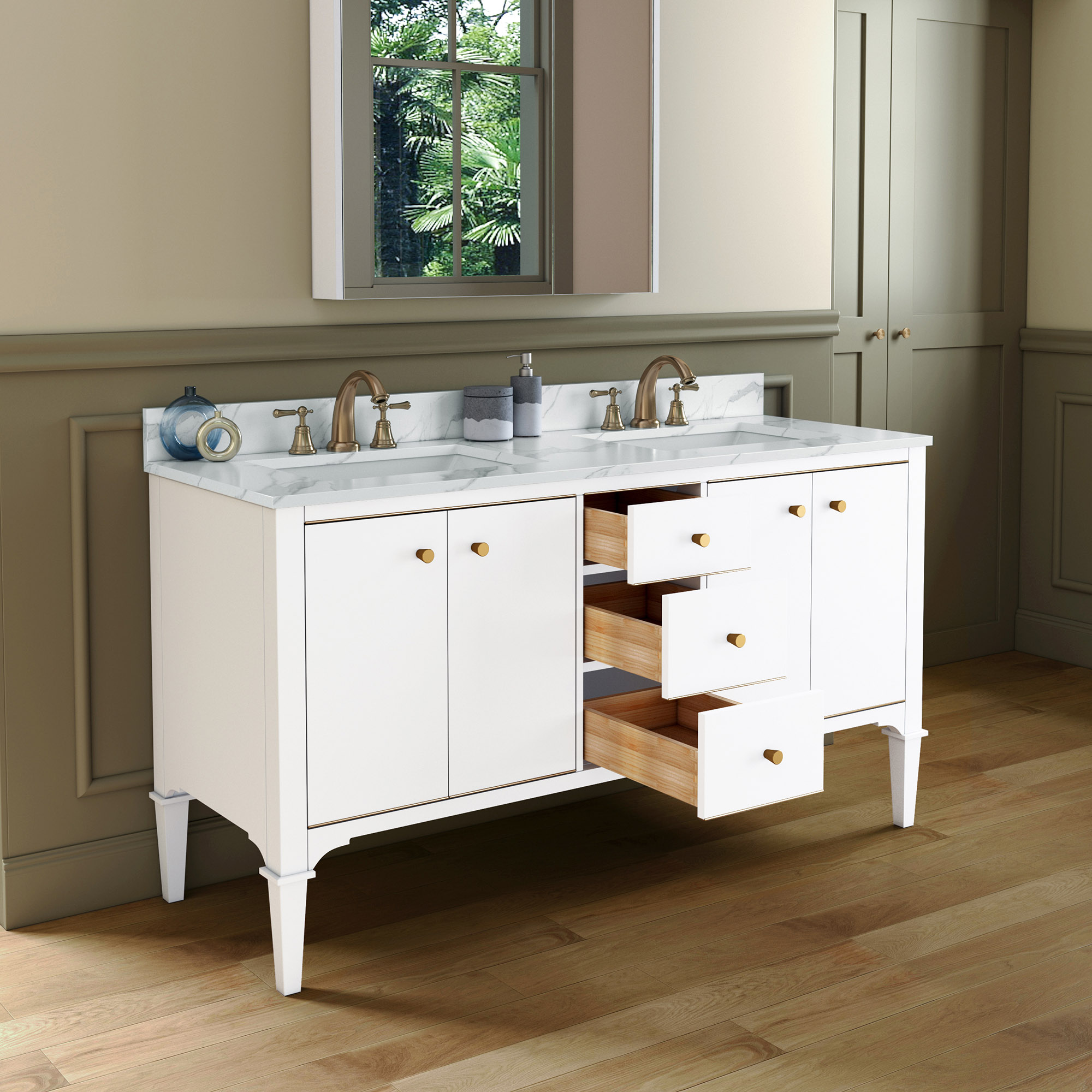 ᐅ【WOODBRIDGE Roma 61"x22"x38" Solid Wood Bath Vanity in White with Gold