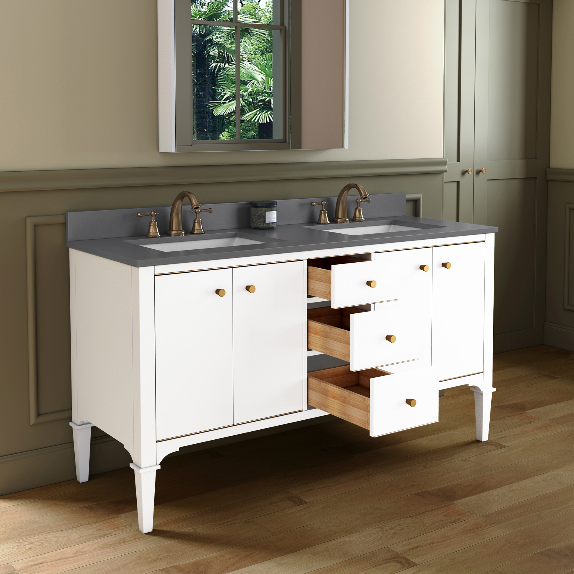 ᐅ【WOODBRIDGE Roma 61"x22"x38" Solid Wood Bath Vanity in White with Gold Hardware and Dark Gray