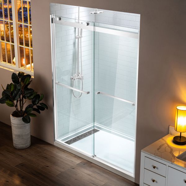 Jade Bath 6436-48-10-B Quadro Frameless Rectangle Hinged Shower Enclosure with Base Included Frame Finish: Silver, Size: 76.5 H x 48 W x 36 D