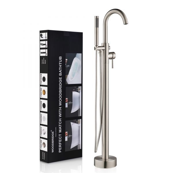  WOODBRIDGE F0001BNRD Contemporary Single Handle Floor Mount Freestanding Tub Filler Faucet with Hand shower in Brushed Nickel Finish.