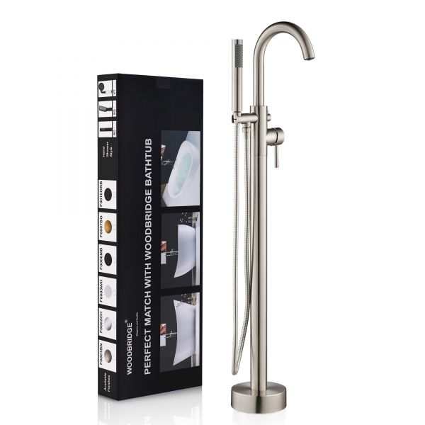 ᐅ【WOODBRIDGE F0001BNRD Contemporary Single Handle Floor Mount Freestanding  Tub Filler Faucet with Hand shower in Brushed Nickel Finish.-WOODBRIDGE】