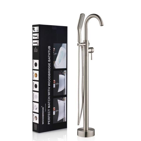  WOODBRIDGE WOODBRIDGEE Contemporary Single Handle Floor Mount Freestanding Tub Filler Faucet with Hand Shower in (Brushed Nickel) Finish,F0001BNSQ_11455