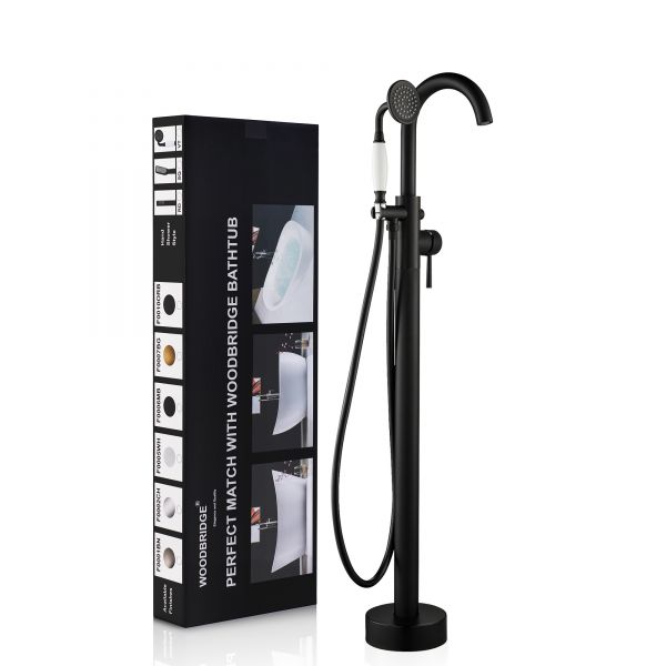  WOODBRIDGE F0006MBVT Fusion Single Handle Floor Mount Freestanding Tub Filler Faucet with Telephone Hand shower in Matte Black Finish._11461