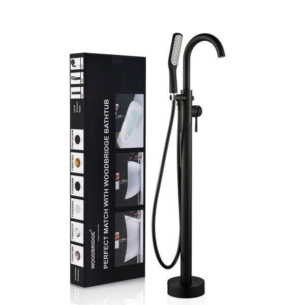  WOODBRIDGE F0006MBSQ Fusion Single Handle Floor Mount Freestanding Tub Filler Faucet with Square Shape Comfort Grip Hand Shower in Matte Black Finish._11462