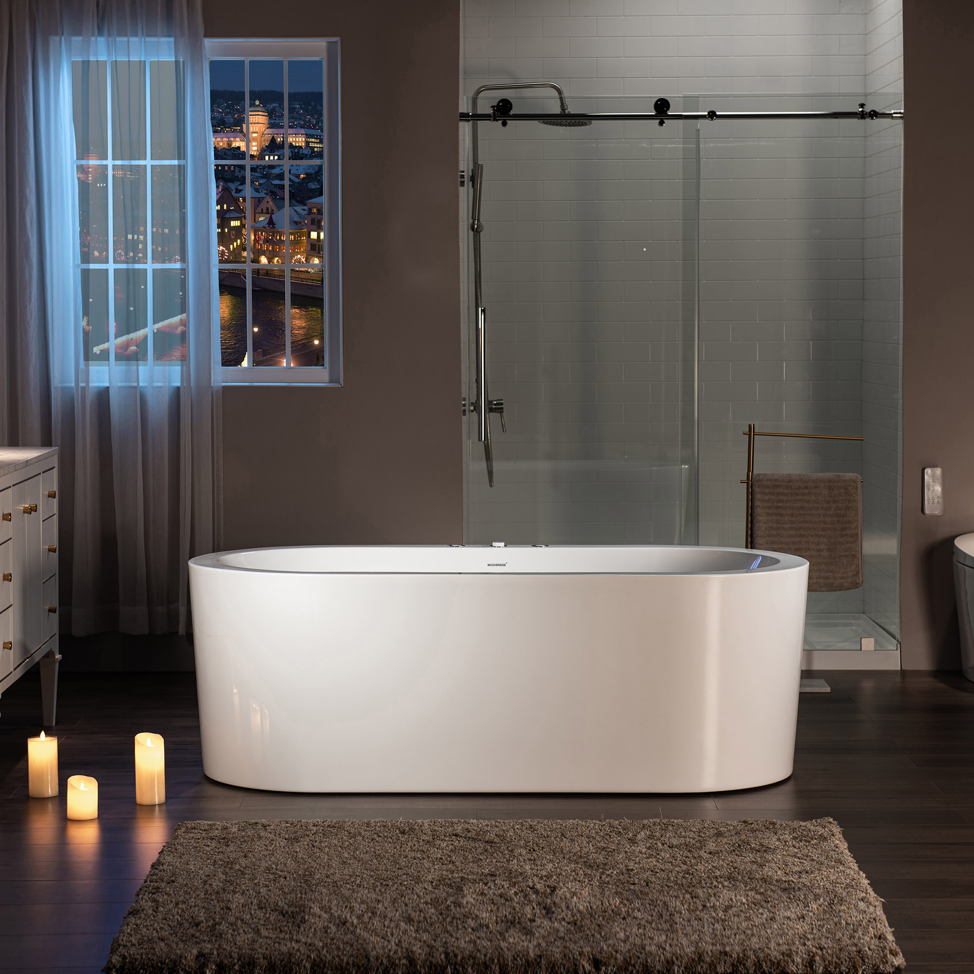ᐅ【WOODBRIDGE 661/2" x 317/8" Whirlpool Water Jetted and Air Bubble Freestanding Heated Soaking