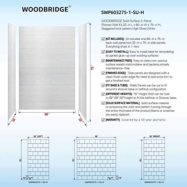 WOODBRIDGE  Solid Surface 3-Panel Shower Wall Kit, 32-in L x 60-in W x 75-in H, Staggered Brick Pattern, High Gloss White Finish