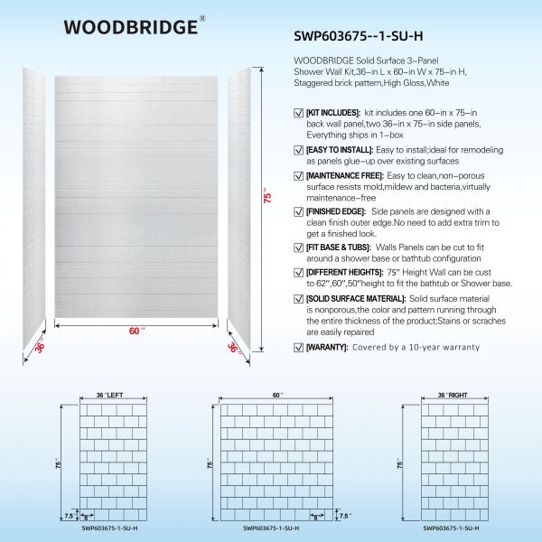 WOODBRIDGE Solid Surface 3-Panel Shower Wall Kit, 36-in L x 60-in W x 75-in H, Staggered Brick Pattern, High Gloss White Finish
