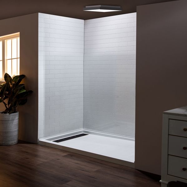  WOODBRIDGE Solid Surface 3-Panel Shower Wall Kit, 36-in L x 60-in W x 75-in H, Staggered Brick Pattern, High Gloss White Finish_11708