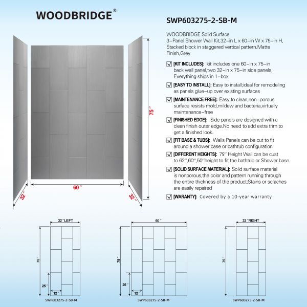  WOODBRIDGE  Solid Surface 3-Panel Shower Wall Kit, 32-in L x 60-in W x 75-in H, Stacked block in a staggered vertical pattern.  Matte Finish, Grey_11711