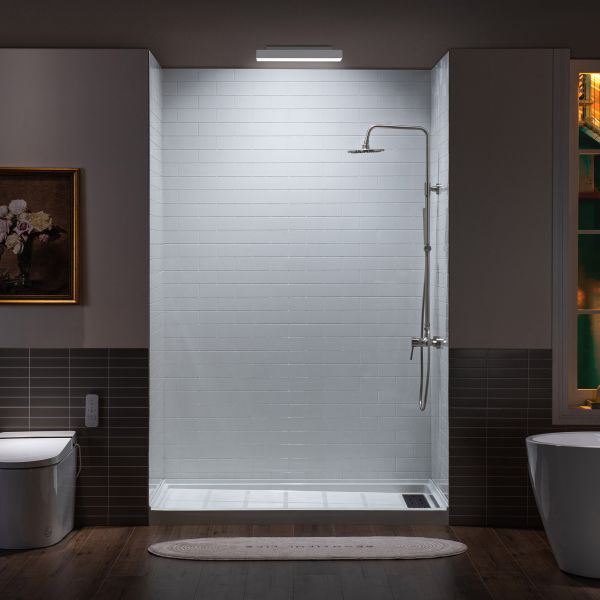  WOODBRIDGE  Solid Surface 3-Panel Shower Wall Kit, 32-in L x 60-in W x 75-in H, Staggered Brick Pattern, High Gloss White Finish_11719