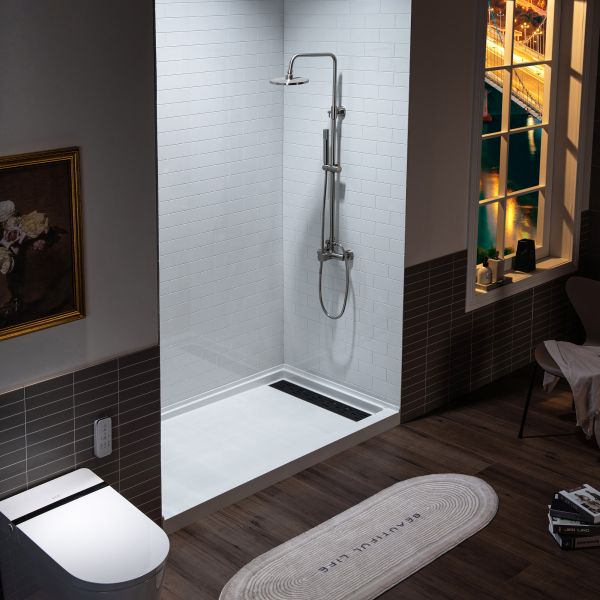  WOODBRIDGE  Solid Surface 3-Panel Shower Wall Kit, 32-in L x 60-in W x 75-in H, Staggered Brick Pattern, High Gloss White Finish_11721