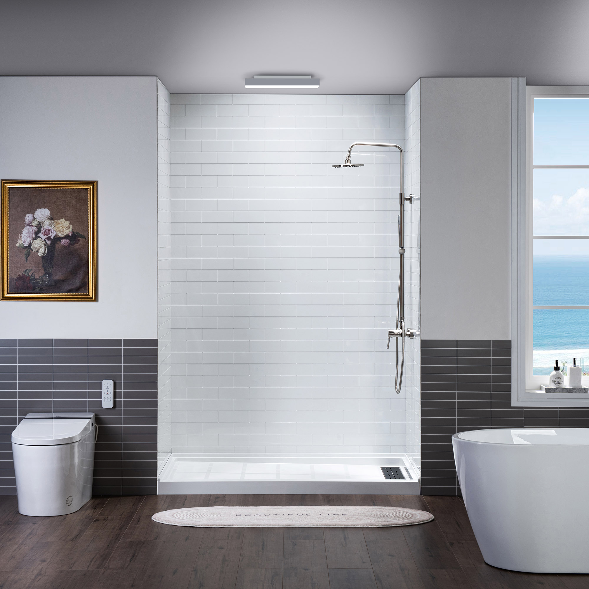 ᐅ【WOODBRIDGE Solid Surface 3Panel Shower Wall Kit, 32in L x 60in W x