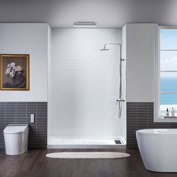  WOODBRIDGE  Solid Surface 3-Panel Shower Wall Kit, 32-in L x 60-in W x 75-in H, Staggered Brick Pattern, High Gloss White Finish_11726