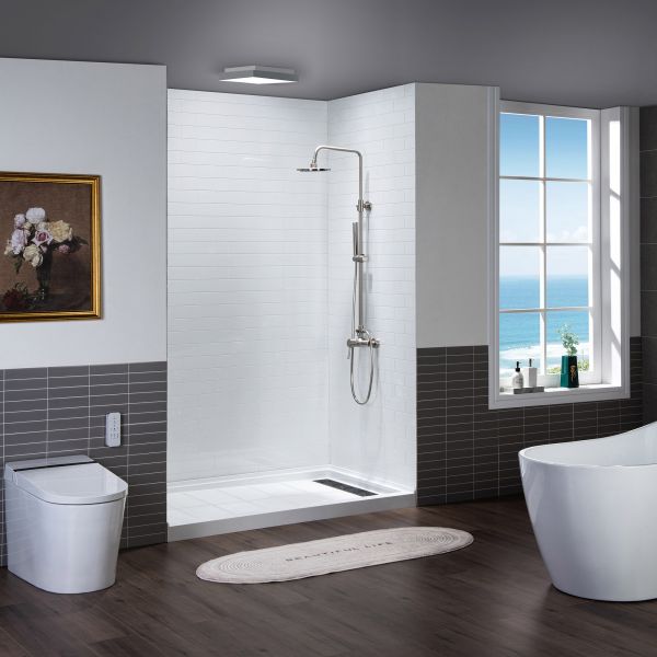  WOODBRIDGE Solid Surface 3-Panel Shower Wall Kit, 36-in L x 60-in W x 75-in H, Staggered Brick Pattern, High Gloss White Finish_11732