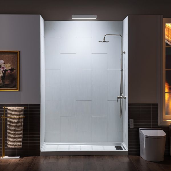 WOODBRIDGE  Solid Surface 3-Panel Shower Wall Kit, 32-in L x 60-in W x 75-in H, Stacked block in a staggered vertical pattern.  Matte Finish, White