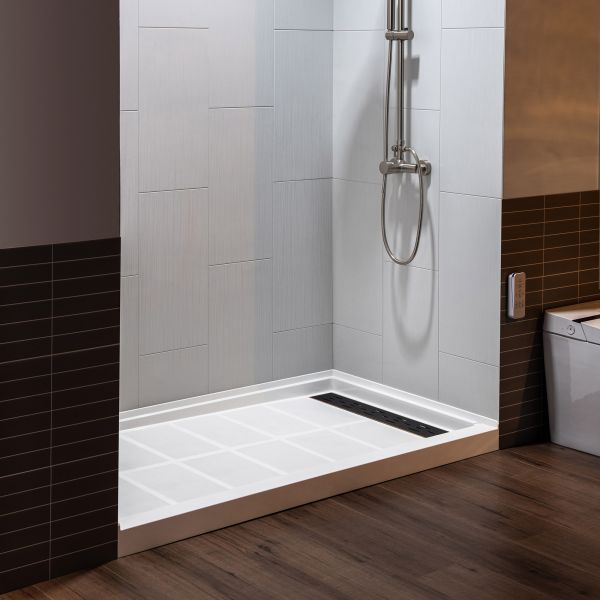  WOODBRIDGE  Solid Surface 3-Panel Shower Wall Kit, 32-in L x 60-in W x 75-in H, Stacked block in a staggered vertical pattern.  Matte Finish, White_11737