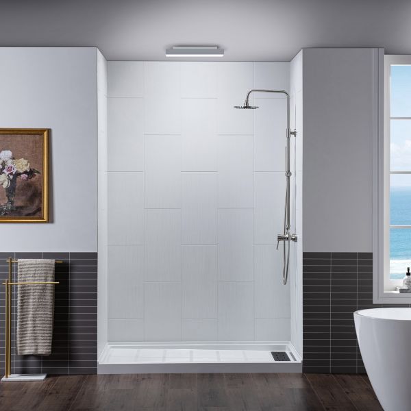  WOODBRIDGE  Solid Surface 3-Panel Shower Wall Kit, 32-in L x 60-in W x 75-in H, Stacked block in a staggered vertical pattern.  Matte Finish, White