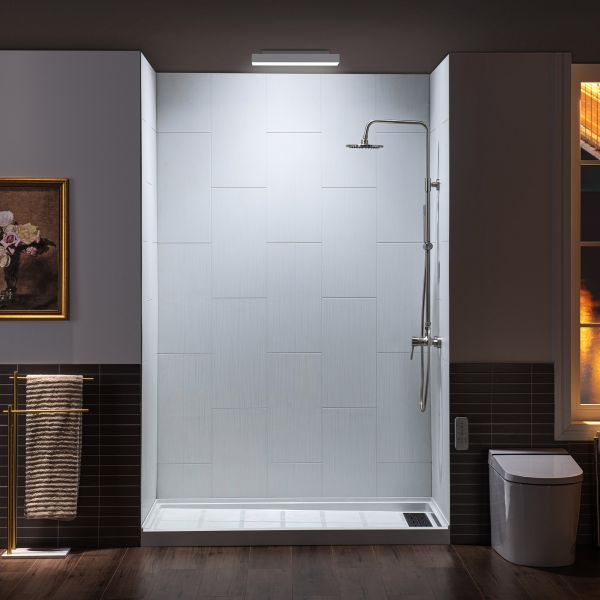  WOODBRIDGE Solid Surface 3-Panel Shower Wall Kit, 36-in L x 60-in W x 75-in H, Stacked Block in a Staggered Vertical Pattern. Matte White Finish_11744