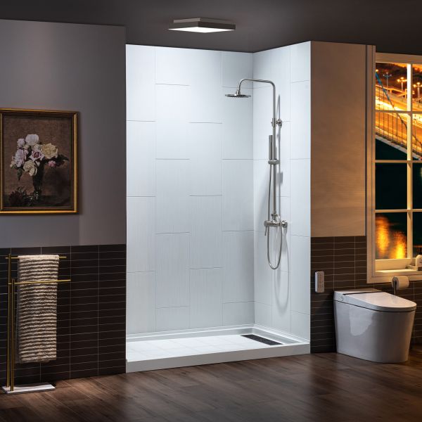  WOODBRIDGE Solid Surface 3-Panel Shower Wall Kit, 36-in L x 60-in W x 75-in H, Stacked Block in a Staggered Vertical Pattern. Matte White Finish_11745