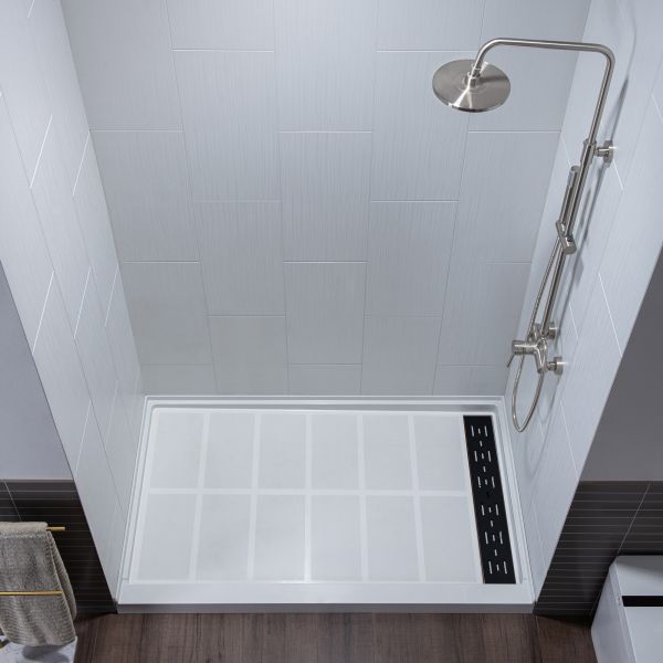  WOODBRIDGE Solid Surface 3-Panel Shower Wall Kit, 36-in L x 60-in W x 75-in H, Stacked Block in a Staggered Vertical Pattern. Matte White Finish_11748