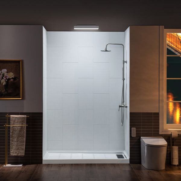 WOODBRIDGE Solid Surface 3-Panel Shower Wall Kit, 36-in L x 60-in W x 75-in H, Stacked Block in a Staggered Vertical Pattern. Matte White Finish_11749