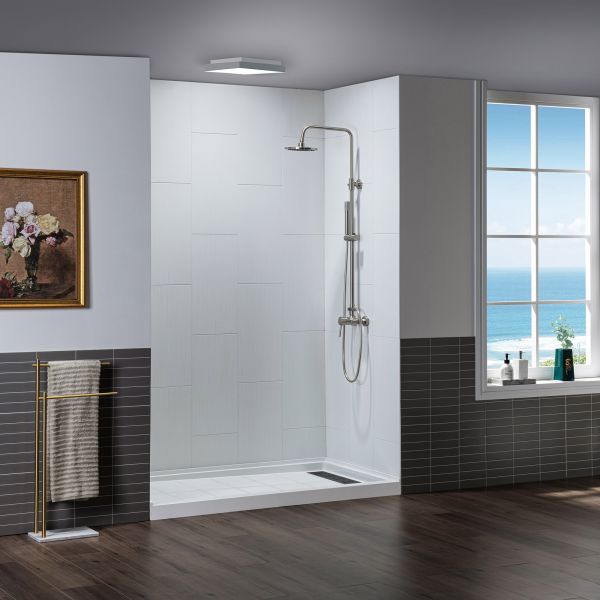  WOODBRIDGE Solid Surface 3-Panel Shower Wall Kit, 36-in L x 60-in W x 75-in H, Stacked Block in a Staggered Vertical Pattern. Matte White Finish_11750