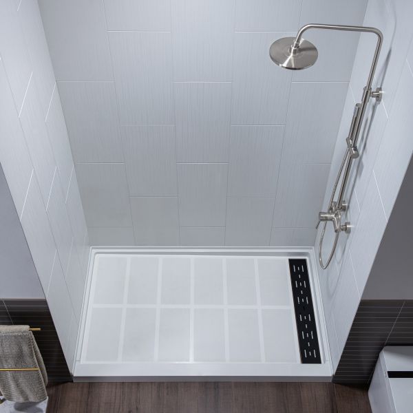  WOODBRIDGE Solid Surface 3-Panel Shower Wall Kit, 36-in L x 60-in W x 75-in H, Stacked Block in a Staggered Vertical Pattern. Matte White Finish_11752