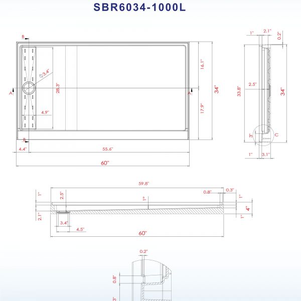WOODBRIDGE Solid Surface Shower Base with 3-Panel Shower Wall Kit,  SBR6032-1000L-BN+SWP603275-2-SB-M