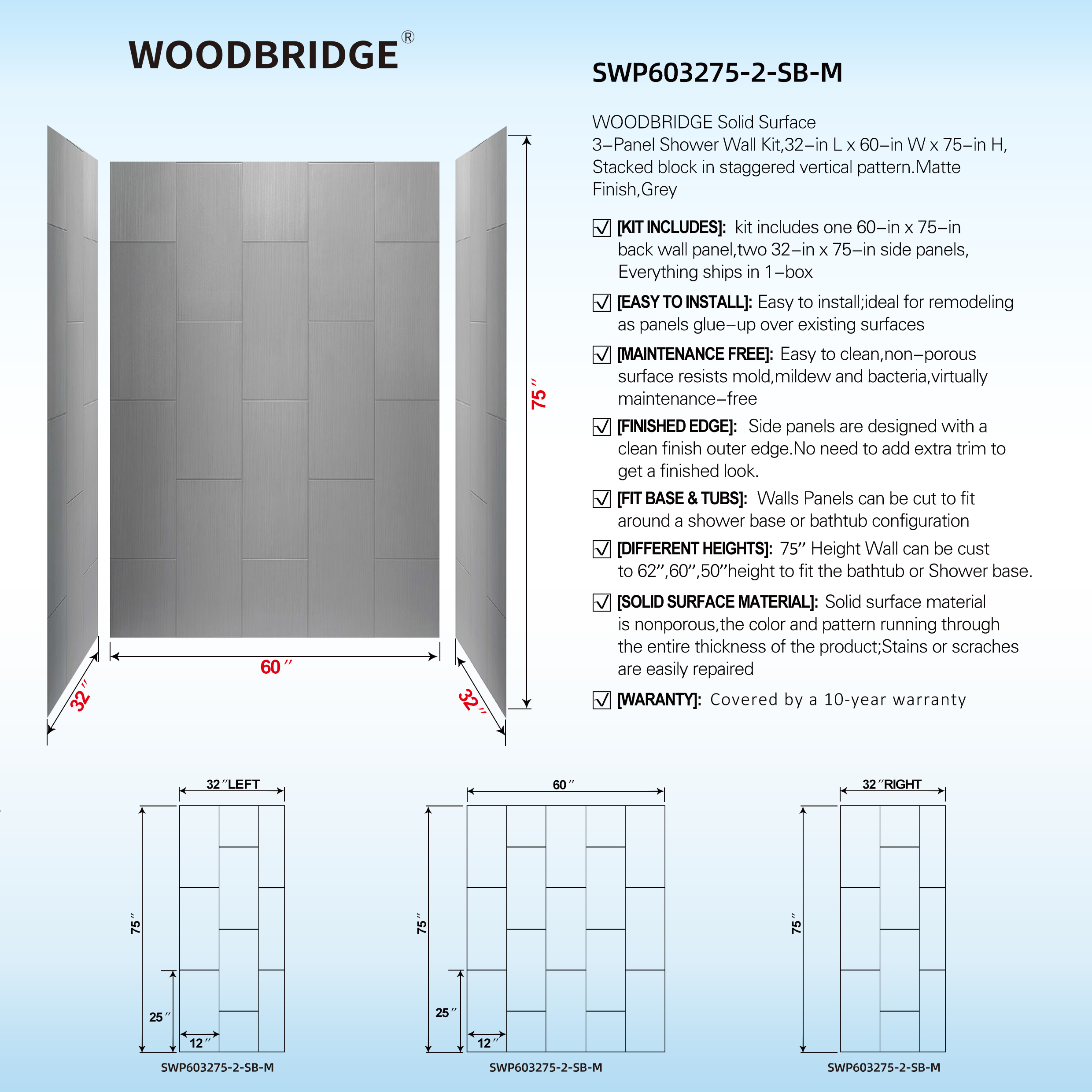 ᐅ【WOODBRIDGE Solid Surface Shower Base with 3Panel Shower Wall Kit