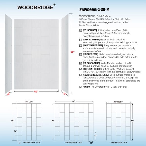 WOODBRIDGE Solid Surface Shower Base with 3-Panel Shower Wall Kit,  SBR6034-1000L +SWP603696-3-SB-M
