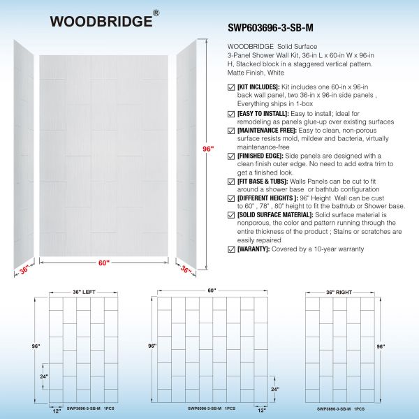  WOODBRIDGE Solid Surface Shower Base with 3-Panel Shower Wall Kit,  SBR6034-1000L +SWP603696-3-SB-M_11762