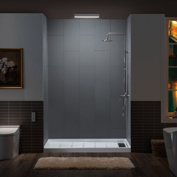 WOODBRIDGE  Solid Surface 3-Panel Shower Wall Kit, 32-in L x 60-in W x 75-in H, Stacked block in a staggered vertical pattern.  Matte Finish, Grey