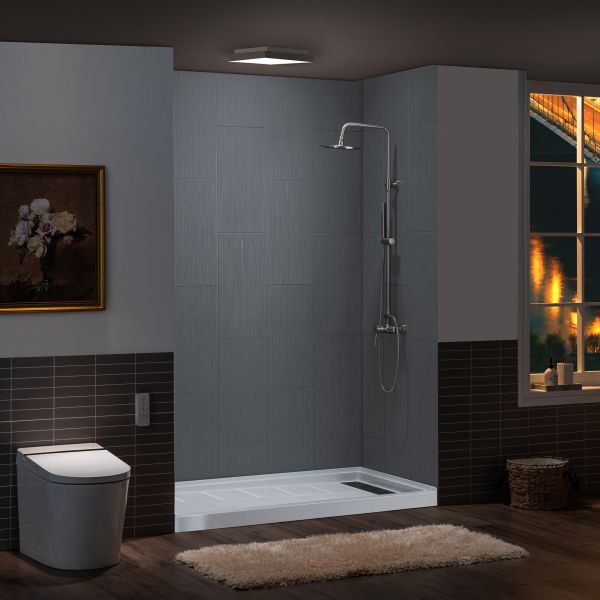  WOODBRIDGE  Solid Surface 3-Panel Shower Wall Kit, 32-in L x 60-in W x 75-in H, Stacked block in a staggered vertical pattern.  Matte Finish, Grey_11766