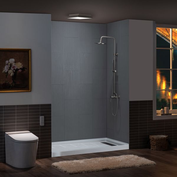  WOODBRIDGE Solid Surface 3-Panel Shower Wall Kit, 36-in L x 60-in W x 75-in H, Stacked Block in a Staggered Vertical Pattern. Matte Grey Finish_11772