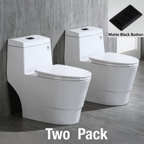 WOODBRIDGE One Piece, 1.28 GPF Dual, Chair Height, Water Sensed, 1000 Gram MaP Flushing Score Toilet with Matte Black Button T0001-MB, White (2 -Pack)