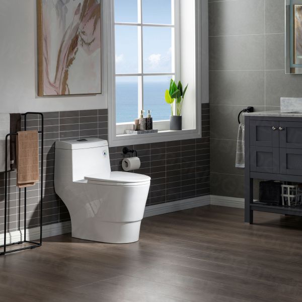  WOODBRIDGE One Piece, 1.28 GPF Dual, Chair Height, Water Sensed, 1000 Gram MaP Flushing Score Toilet with Matte Black Button T0001-MB, White (2 -Pack)_11857
