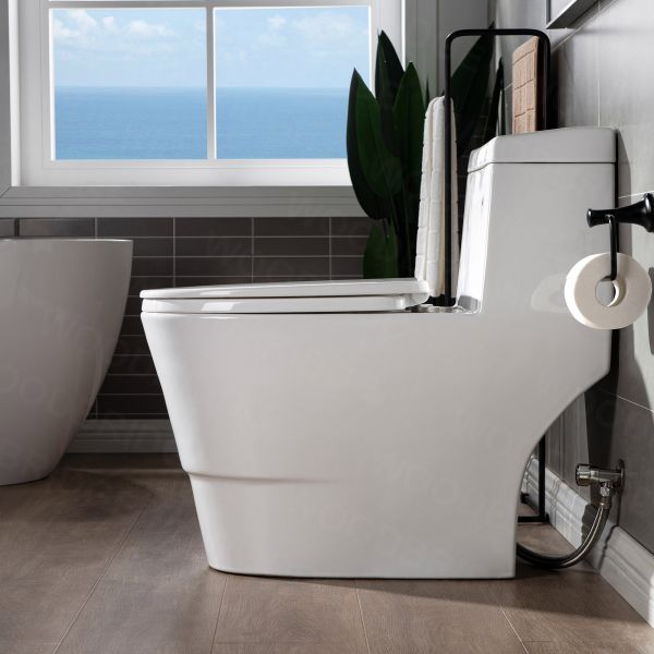  WOODBRIDGE One Piece, 1.28 GPF Dual, Chair Height, Water Sensed, 1000 Gram MaP Flushing Score Toilet with Matte Black Button T0001-MB, White (2 -Pack)_11862