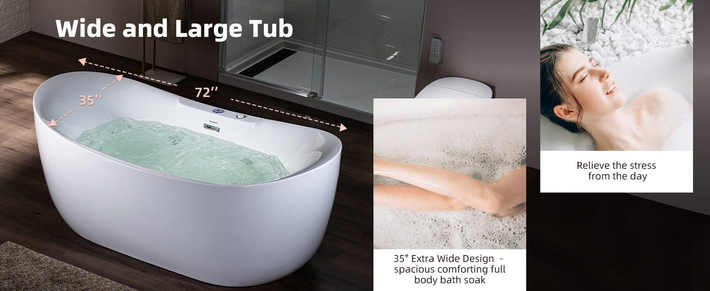 ᐅ【WOODBRIDGE 72 x 35-3/8 Whirlpool Water Jetted and Air Bubble  Freestanding Heated Soaking Combination Bathtub with LED control panel ,  BJ400-WOODBRIDGE】