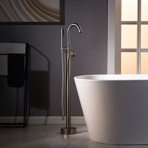 WOODBRIDGE F0023BNRD Contemporary Single Handle Floor Mount Freestanding Tub Filler Faucet with Cylinder Shape Hand shower in Brushed Nickel Finish.