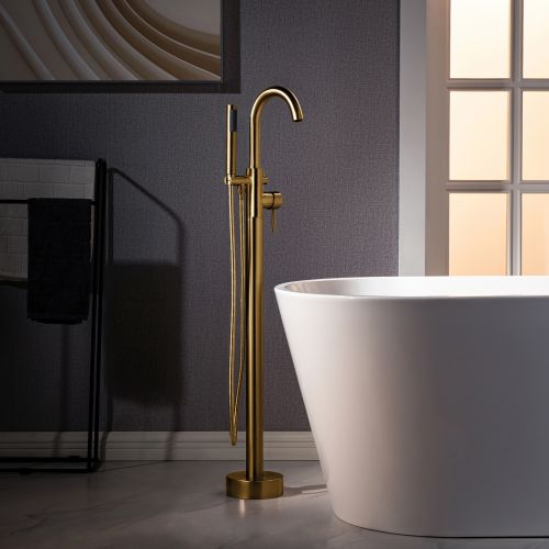 WOODBRIDGE F0026BGRD Contemporary Single Handle Floor Mount Freestanding Tub Filler Faucet with Cylinder Shape Hand shower in Brushed Gold Finish.