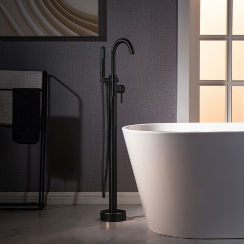 WOODBRIDGE F0027ORBRD Contemporary Single Handle Floor Mount Freestanding Tub Filler Faucet with Cylinder Shape Hand shower in Oil Rubbed Bronze Finish.