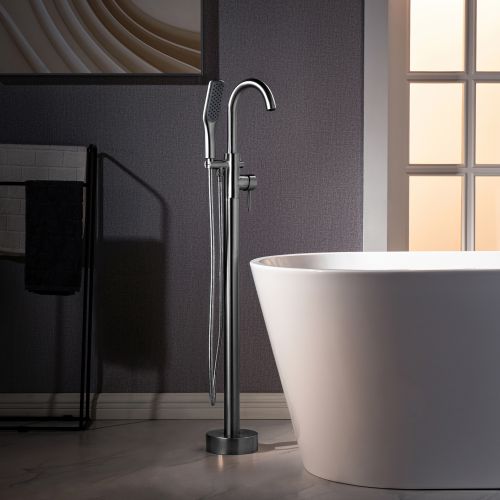 WOODBRIDGE F0024CHSQ Fusion Single Handle Floor Mount Freestanding Tub Filler Faucet with Square Comfort Grip Hand Shower in Polished Chrome Finish.