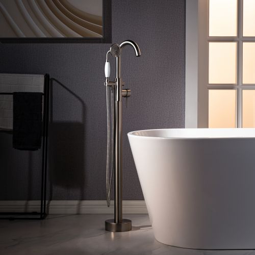 WOODBRIDGE F0023BNVT Fusion Single Handle Floor Mount Freestanding Tub Filler Faucet with Telephone Hand shower in Brushed Nickel Finish.