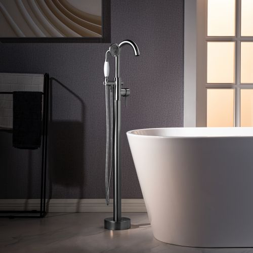 WOODBRIDGE F0024CHVT Fusion Single Handle Floor Mount Freestanding Tub Filler Faucet with Telephone Hand shower in Polished Chrome Finish.